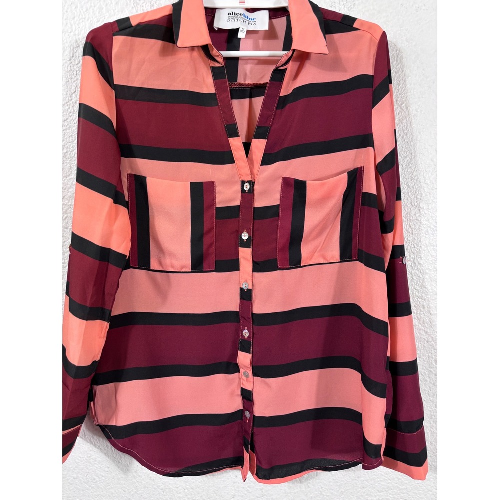 Alice Blue Stitch Fix Button Up Shirt Womens Small Maroon Striped Roll Tab